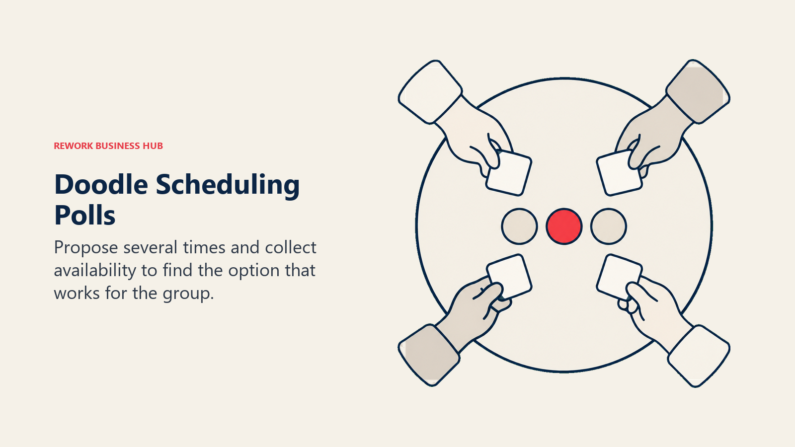 Doodle Scheduling Polls: A round discussion table seen from above, with four hands placing blank availability tiles toward its center.