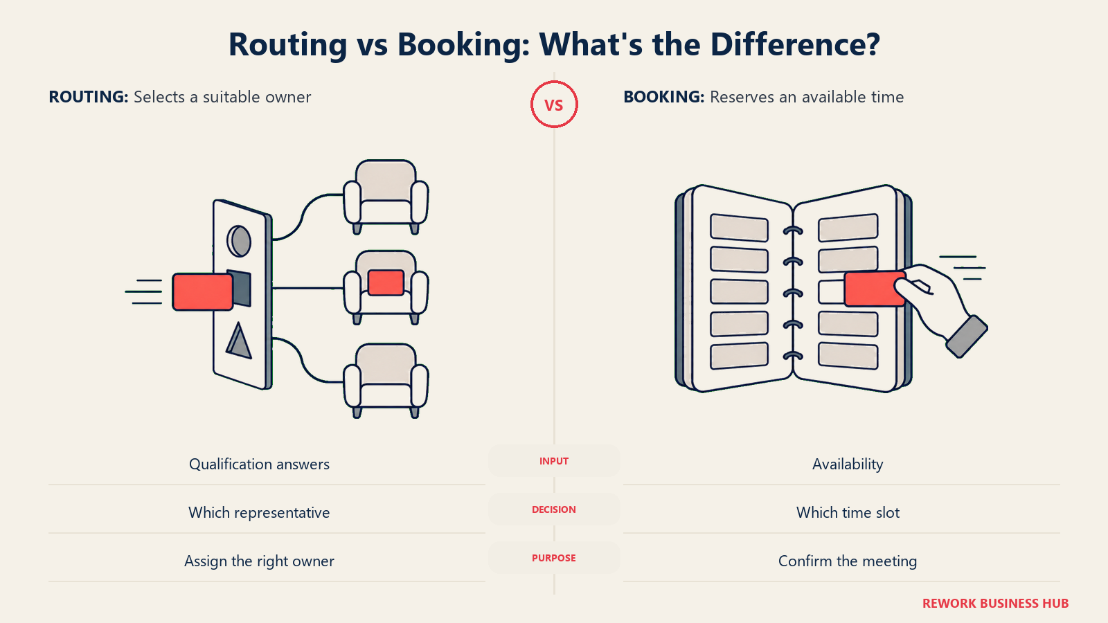 Routing vs Booking: What's the Difference?: Matched paired metaphors on a wide canvas with a large clear center gutter.