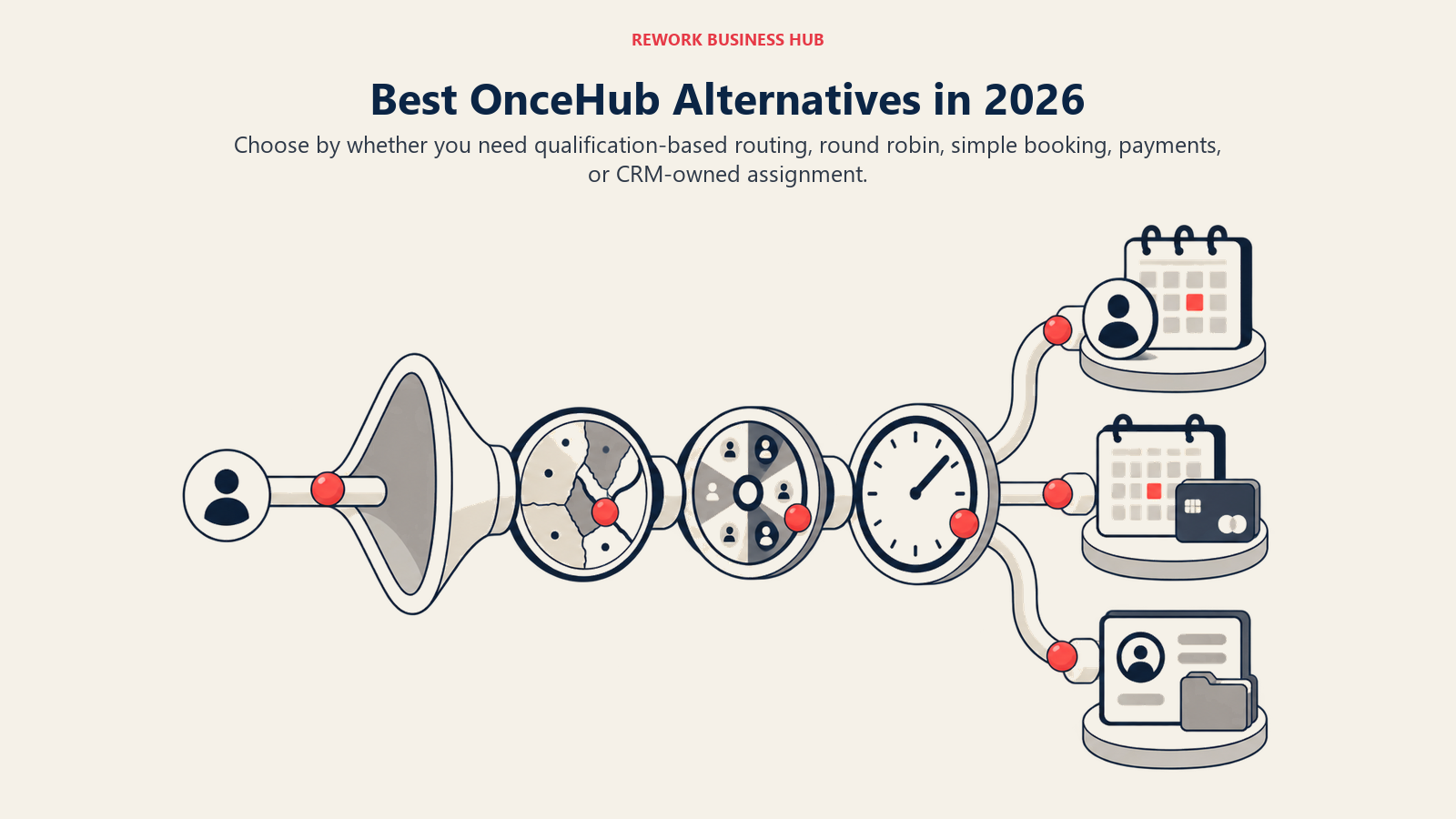 Best OnceHub alternatives shown as a qualification routing tree directing visitor tokens to the correct calendar, booking, payment, or CRM assignment path