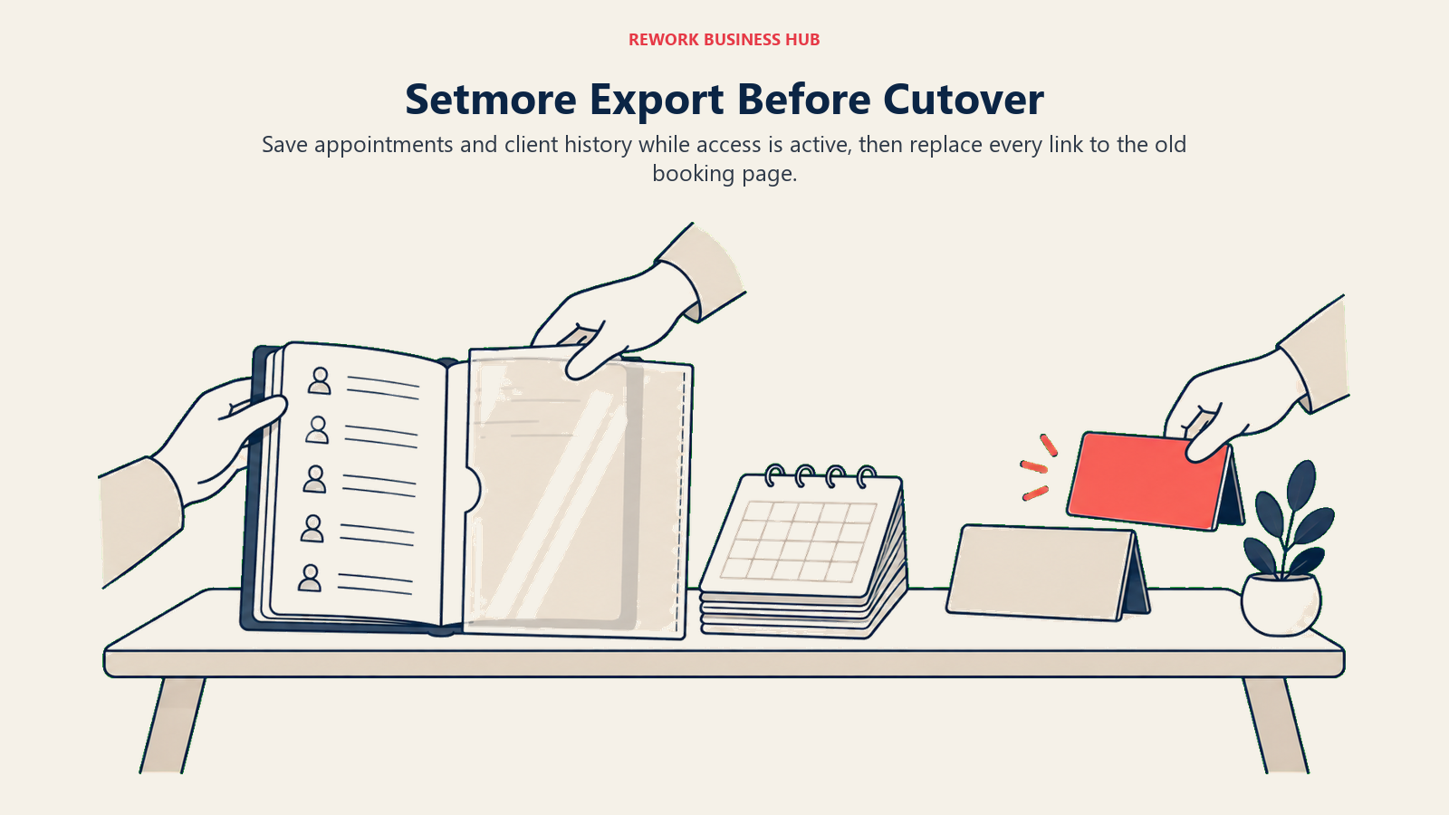 Setmore Export Before Cutover: A wide desk with an open customer address book sliding into a protective archive sleeve, a separate calendar stack preserved beside it, and an old blank booking sign being replaced by a new coral-linked sign.