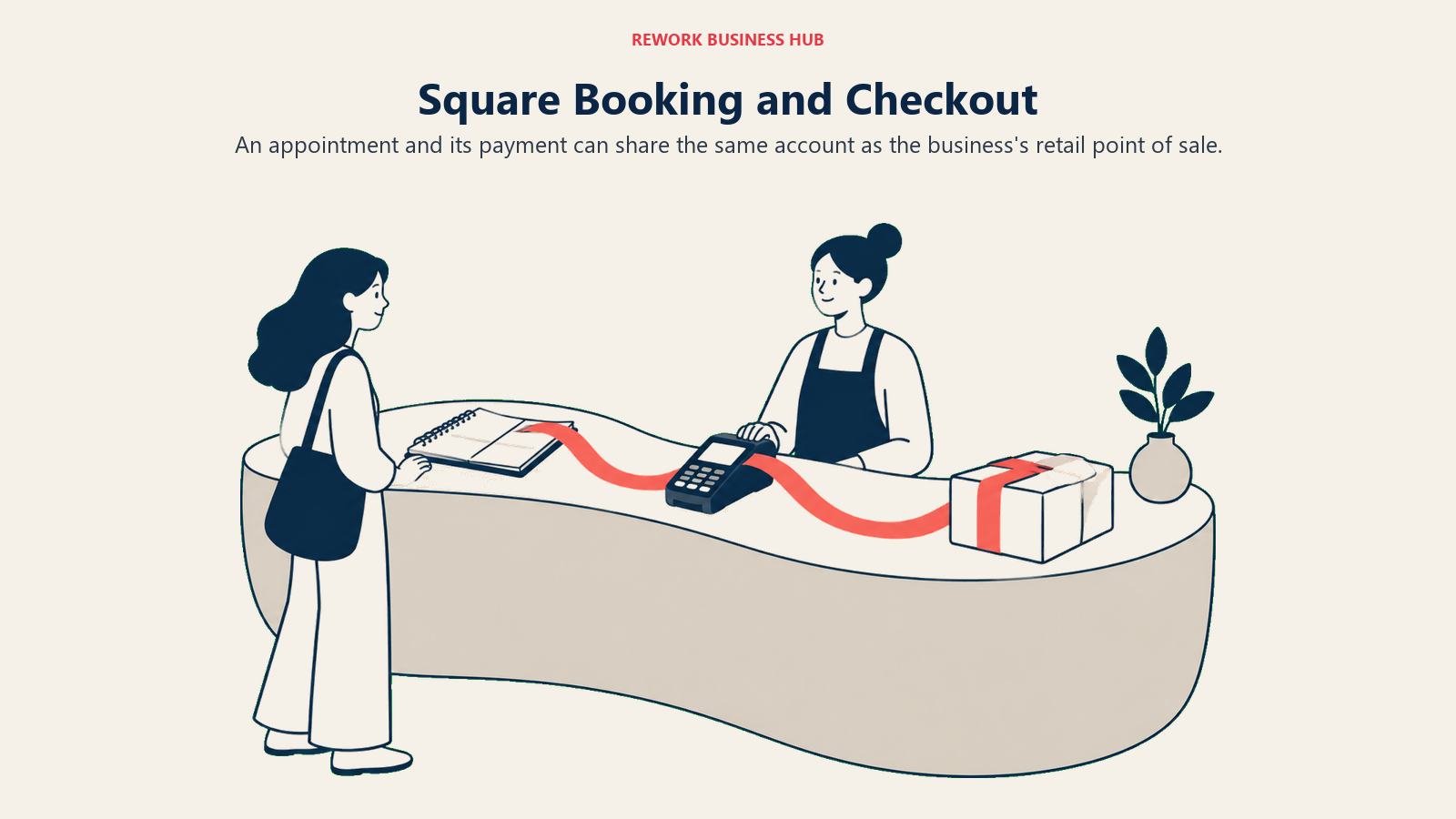 Square Booking and Checkout: A sculpted checkout counter whose continuous surface holds an appointment book at one end, a card reader in the middle, and a retail parcel at the other.