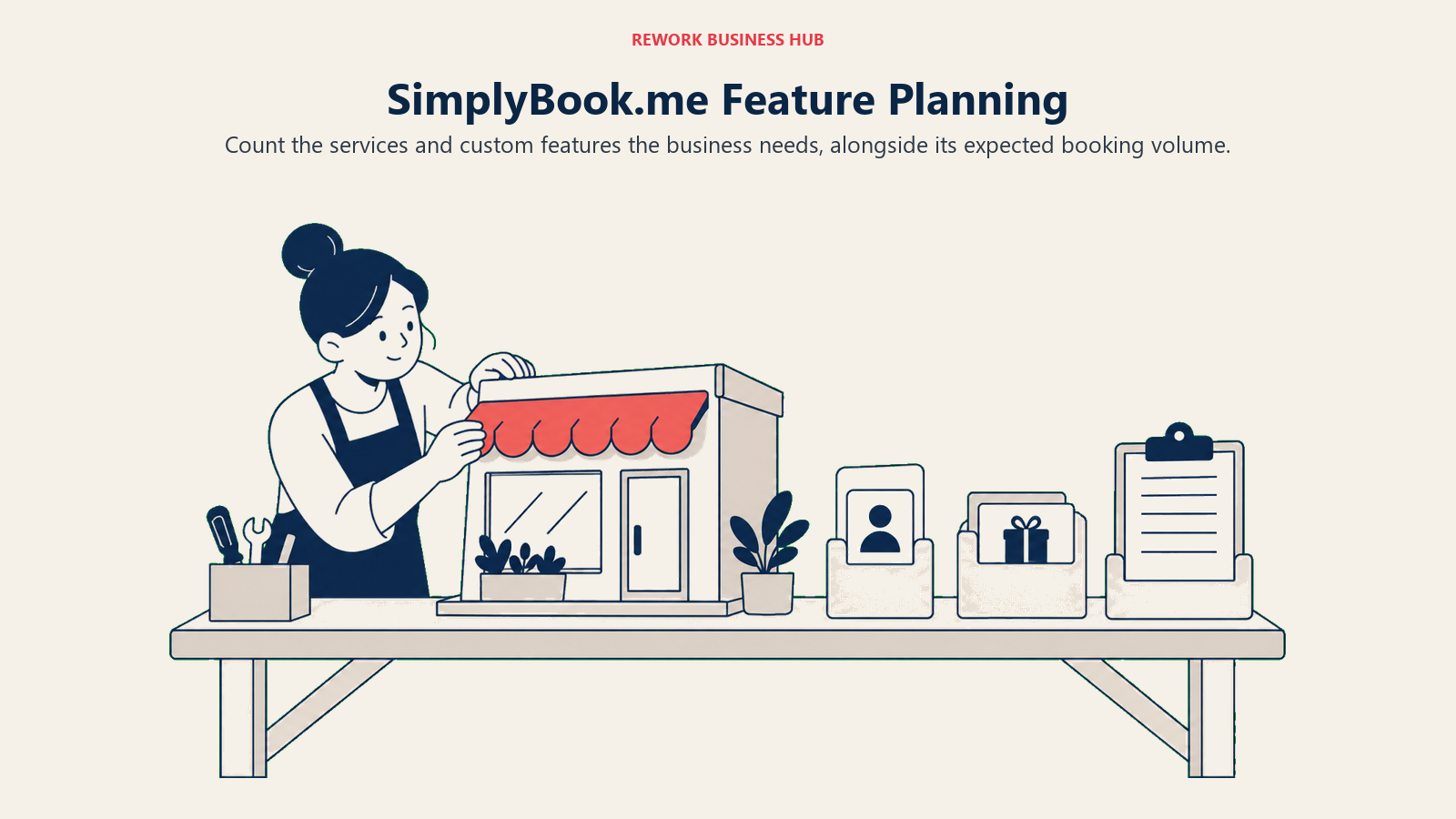 SimplyBook.me Feature Planning: A broad shop-planning bench with a miniature service storefront and three large removable fittings laid out beside it: a membership pass holder, a gift-card slot, and an intake clipboard.