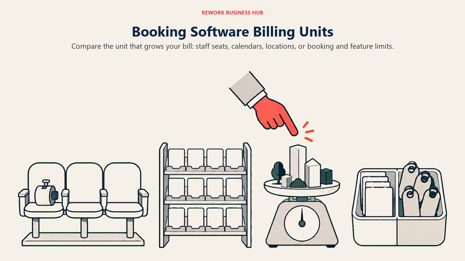 Booking Software Billing Units: A wide orderly still life of four different measuring instruments: a staff-seat counter, a calendar capacity rack, a miniature location model on a scale, and a divided vessel holding booking slips and feature keys.
