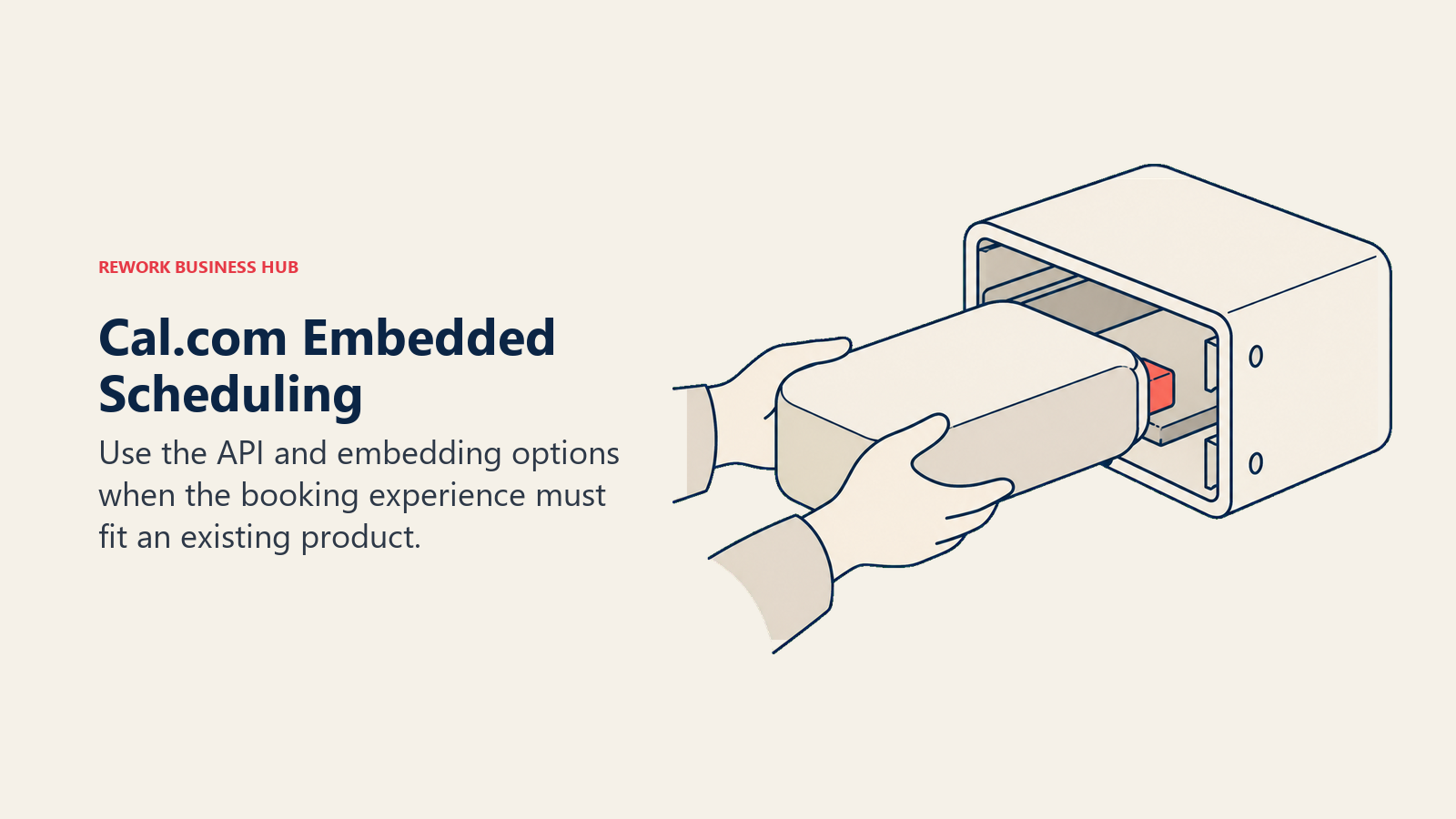 Cal.com Embedded Scheduling: A rounded appointment module being slid into a larger open product chassis like a precision drawer, with one coral connector engaging cleanly.