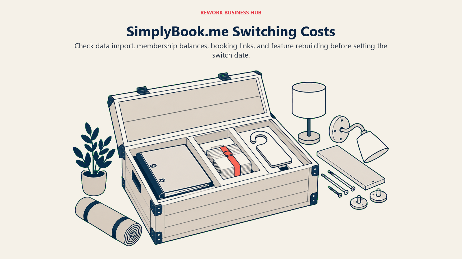 SimplyBook.me Switching Costs: A large open moving crate with fitted compartments preserving a client binder, a bundle of unused membership vouchers, and a removable booking-site doorplate.