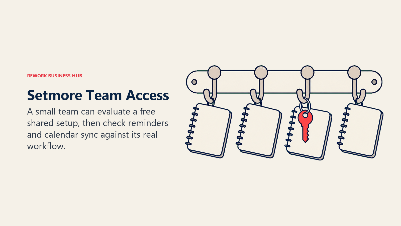 Setmore Team Access: Four distinct staff coat hooks on a single welcoming rail, each holding a small blank appointment diary, with one coral shared key below.