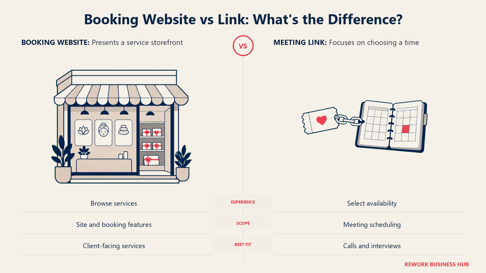 Booking Website vs Link: What's the Difference?: Matched paired cutouts on a wide canvas with a clear center gutter.