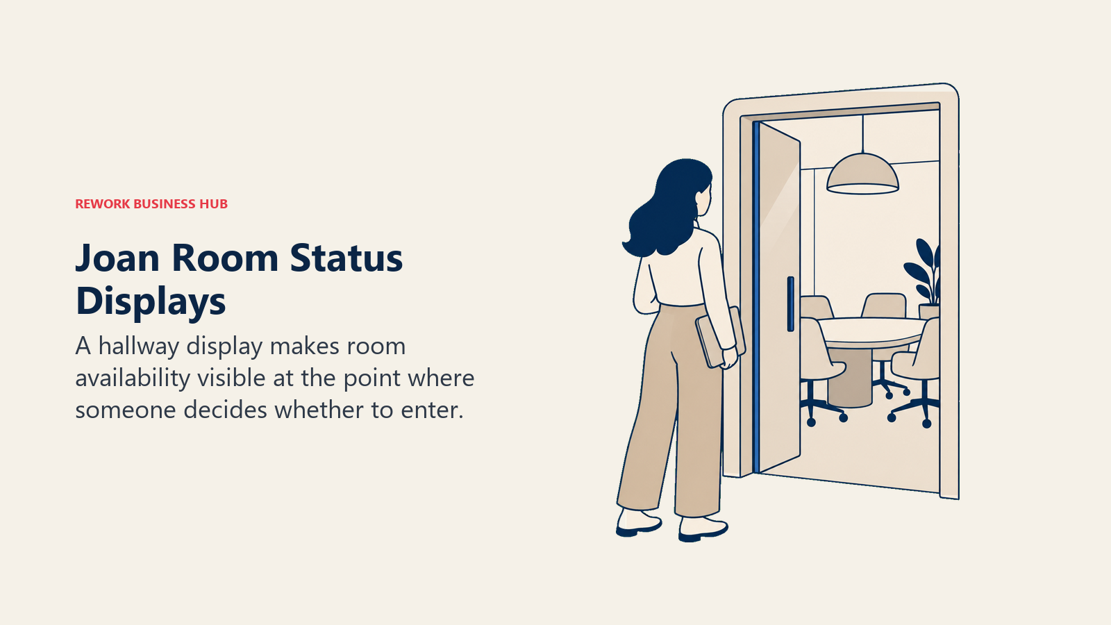 Joan Room Status Displays: An oblique view of a meeting-room doorway with a small clean E Ink-style status panel mounted beside it and a table visible inside.