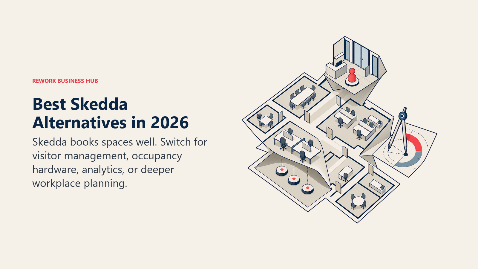 Folded workplace floorplan opening into visitor, occupancy, and planning operations