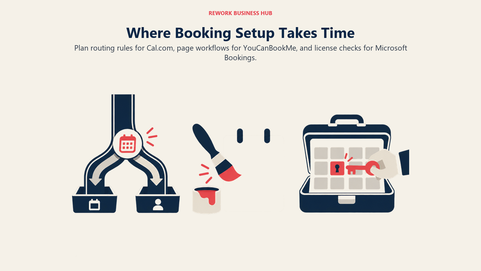Where Booking Setup Takes Time: Plan routing rules for Cal.com, page workflows for YouCanBookMe, and license checks for Microsoft Bookings.