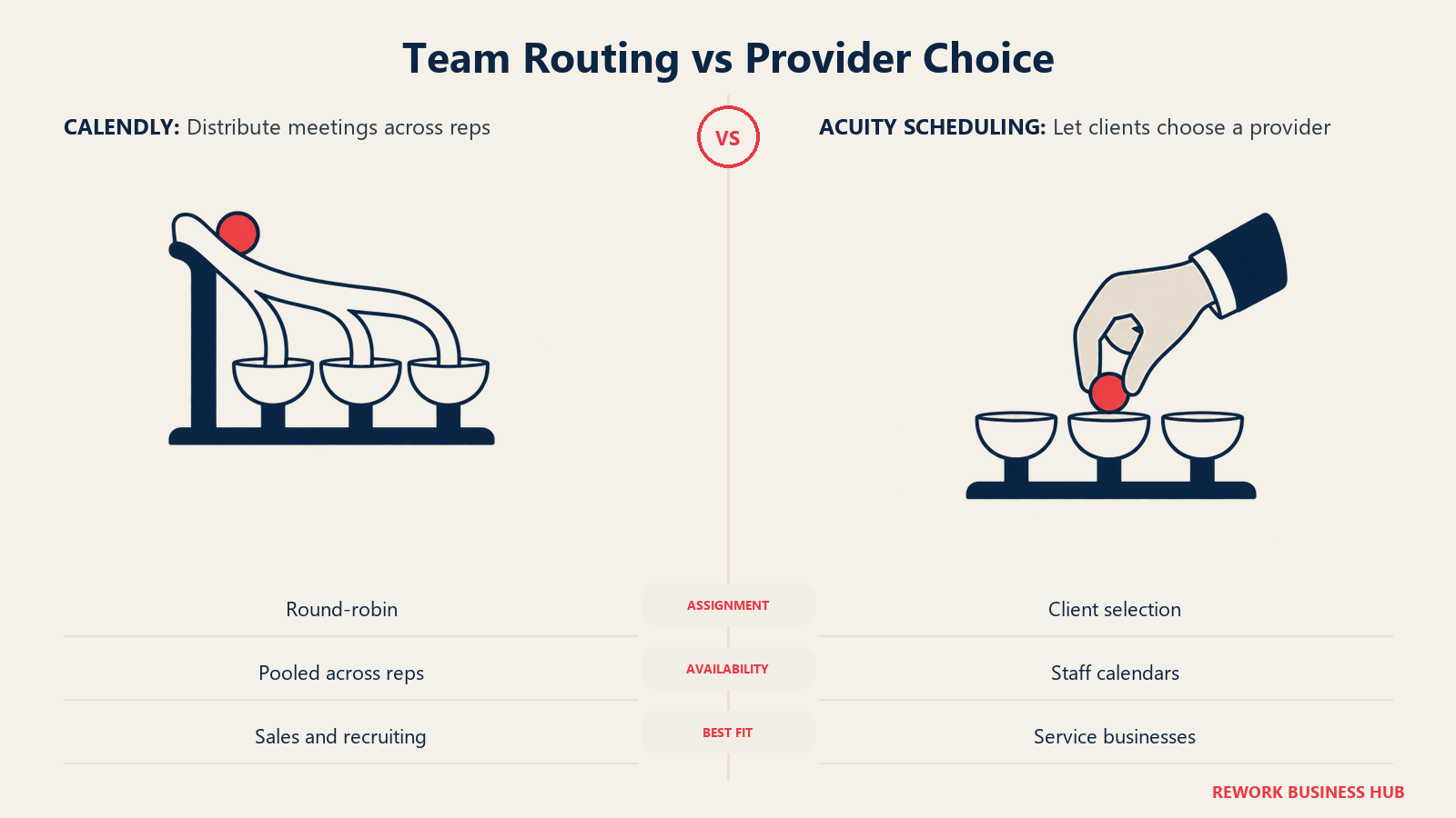 Team Routing vs Provider Choice: Calendly distributes inbound meetings across a team. Acuity lets clients choose the staff member they want.