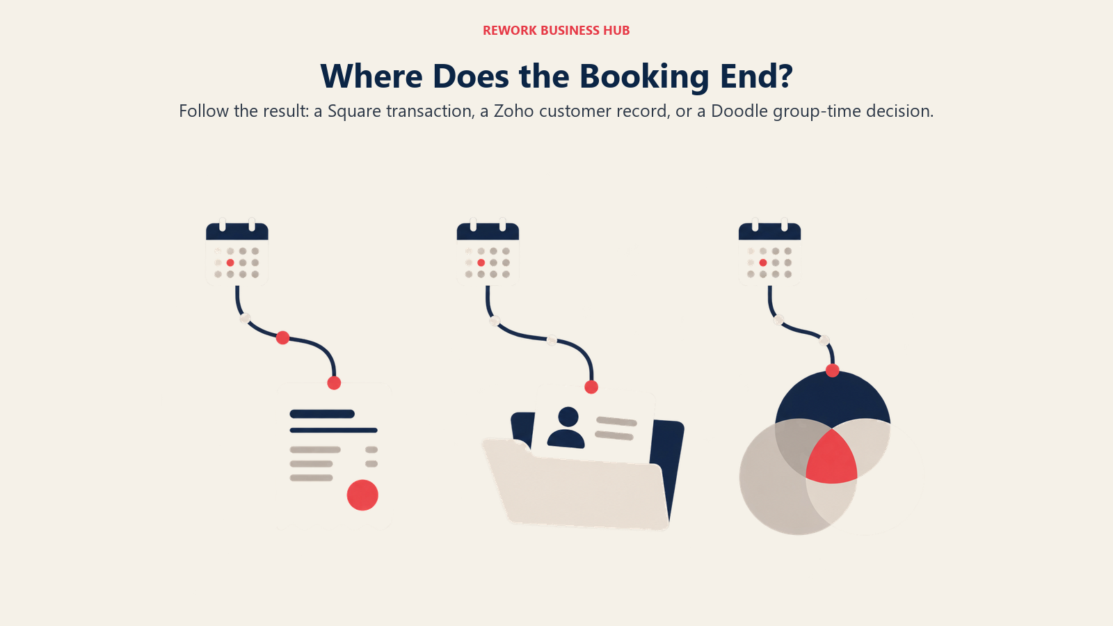 Where Does the Booking End?: Follow the result: a Square transaction, a Zoho customer record, or a Doodle group-time decision.
