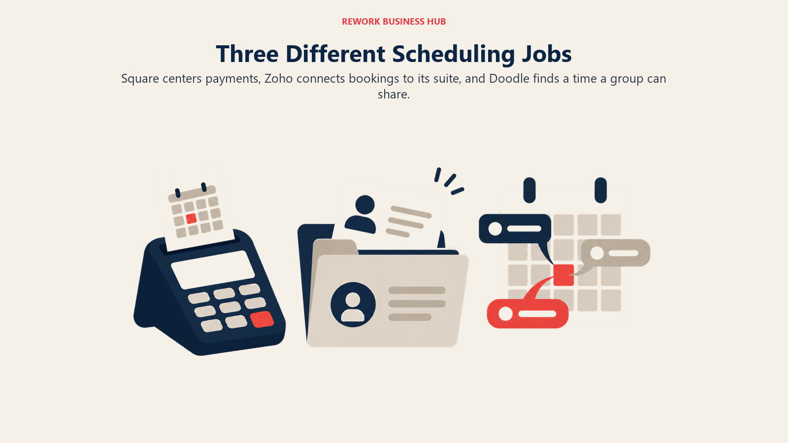 Three Different Scheduling Jobs: Square centers payments, Zoho connects bookings to its suite, and Doodle finds a time a group can share.