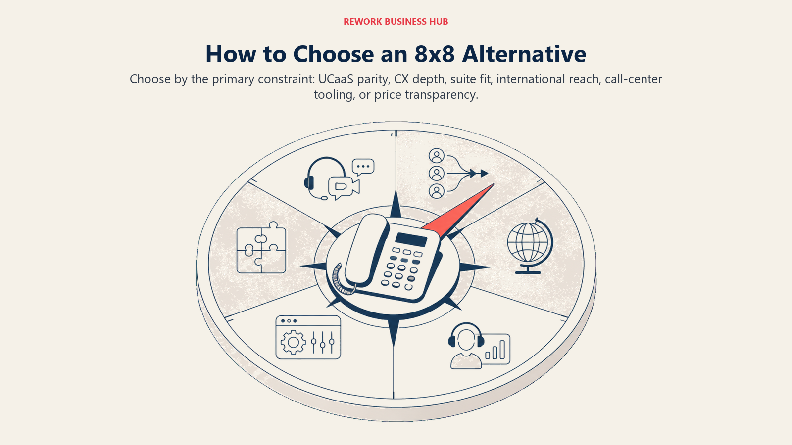 Business handset decision compass selecting UCaaS, customer experience, suite fit, global reach, call center, or transparent pricing