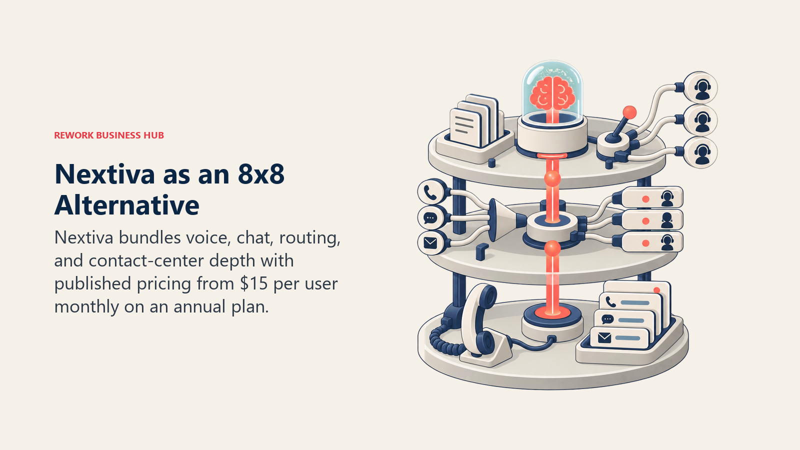 Nextiva three-tier communications console progressing from voice and messaging to full customer experience routing