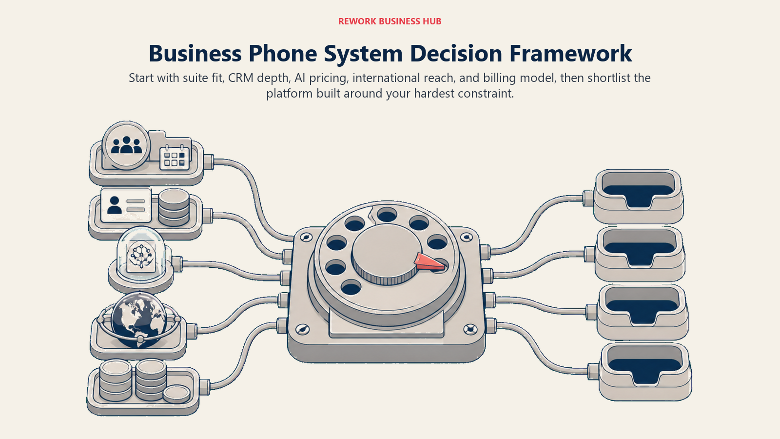 Business phone decision switchboard routing suite fit, CRM depth, AI cost, international reach, and billing needs