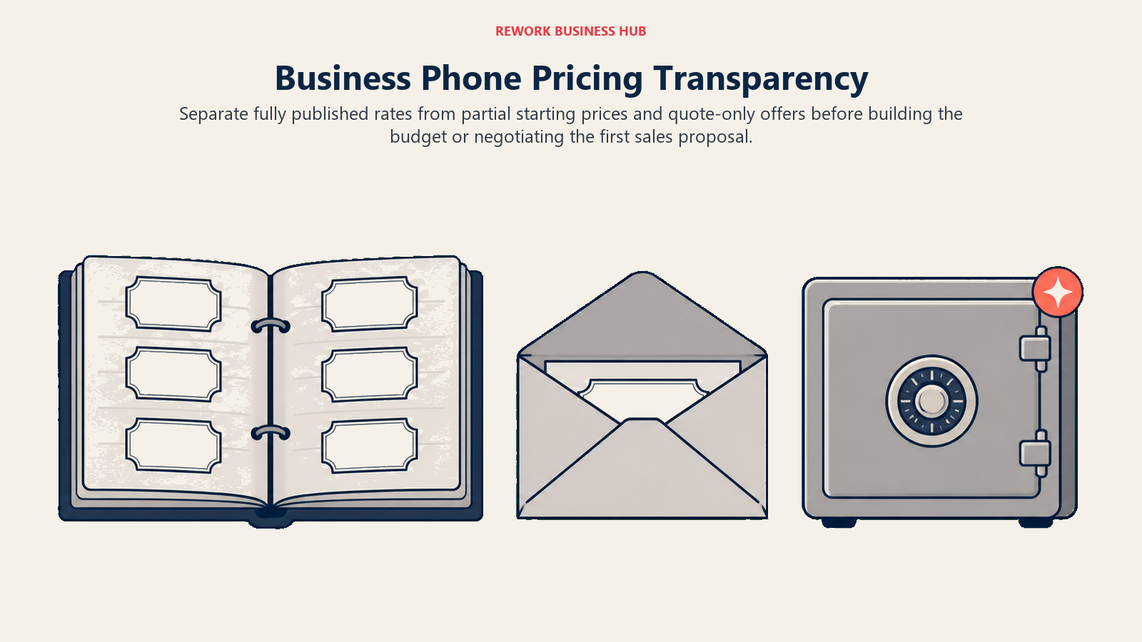Business phone pricing disclosure shown as an open rate ledger, a partial starting-price envelope, and a sealed quote vault