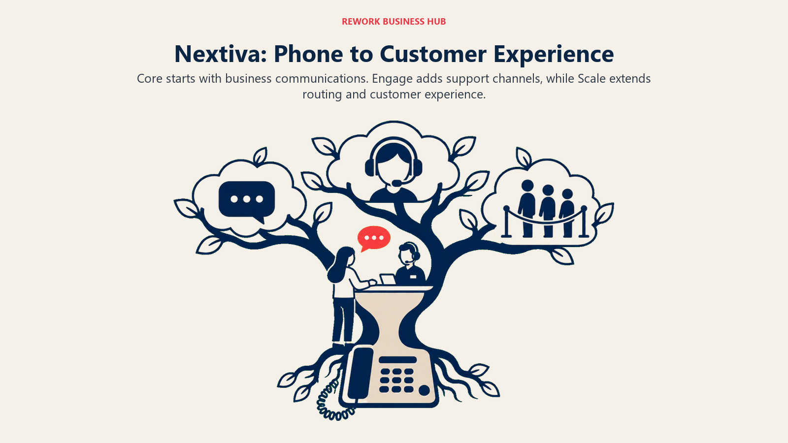 Nextiva: Phone to Customer Experience illustrated with branching growth