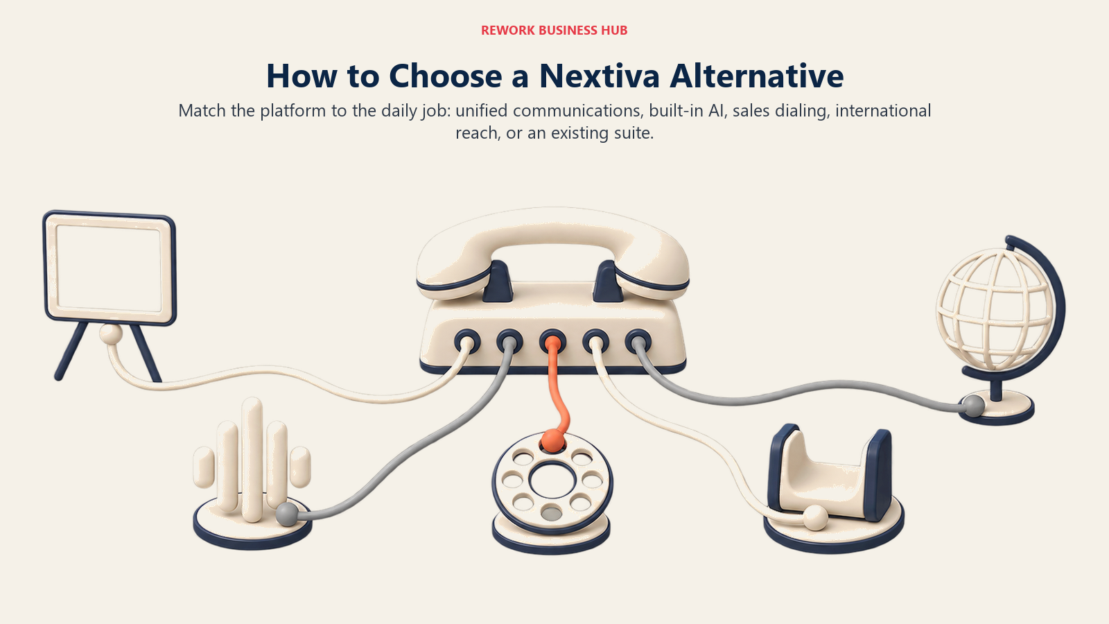 Nextiva alternative decision switchboard routing phone needs toward unified communications, AI, sales dialing, suite integration, and international calling