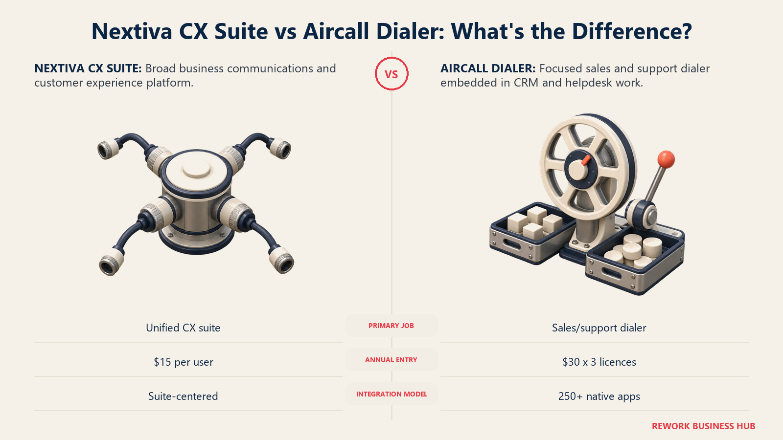 Nextiva CX suite compared with Aircall's dialer-first workflow as a broad communications hub and focused CRM-connected power dialer