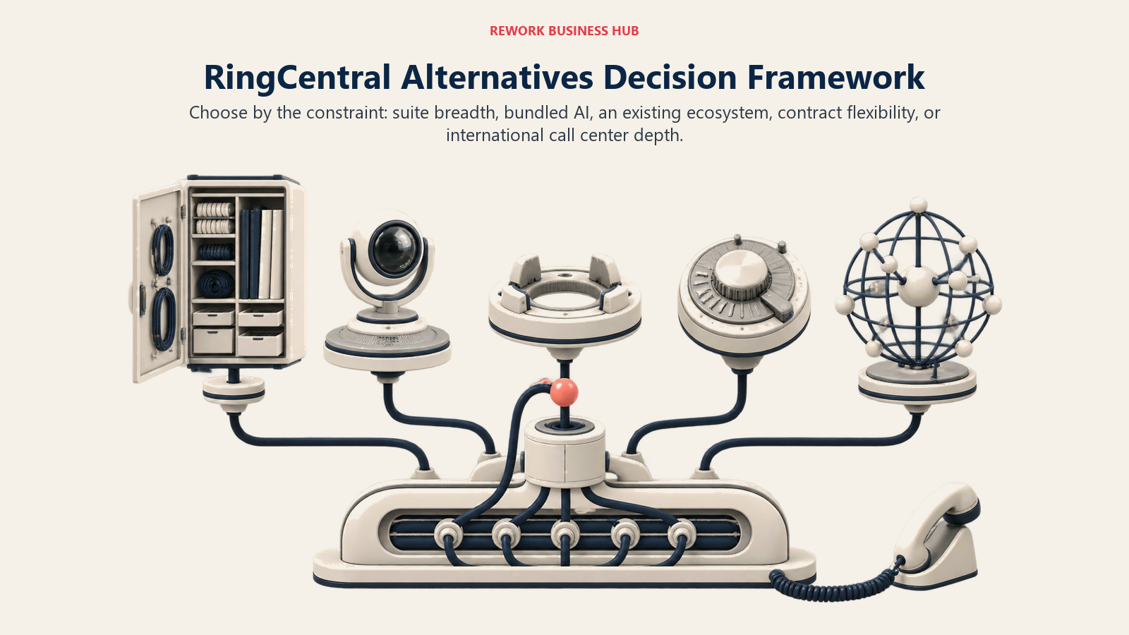 Business phone switchboard routing suite breadth, bundled AI, existing ecosystem, contract, and international calling needs