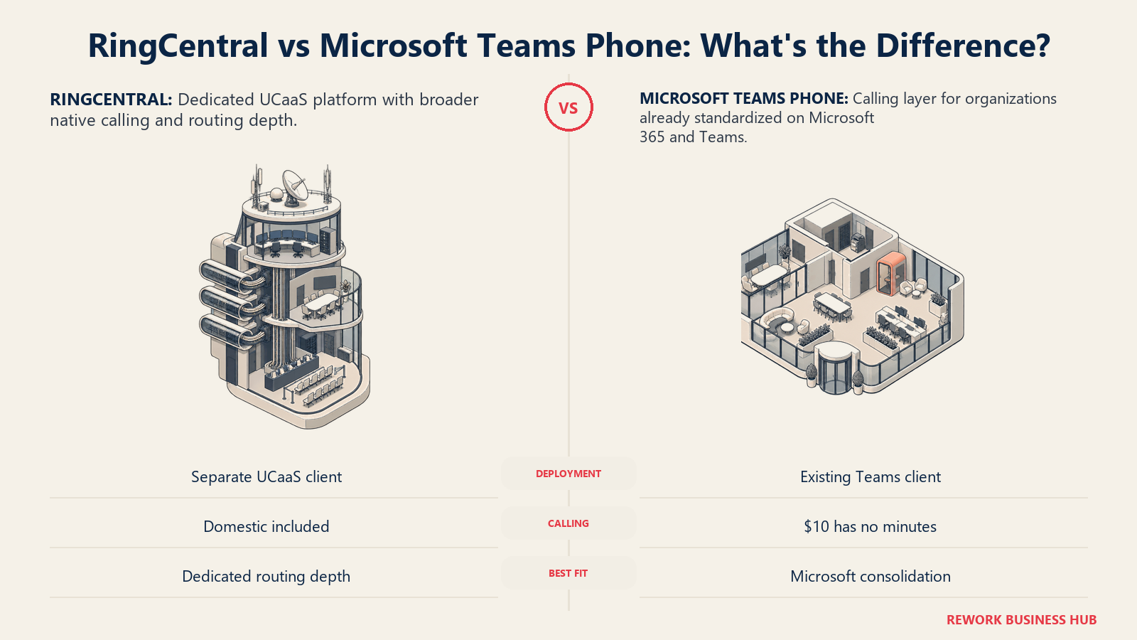 Dedicated RingCentral communications control tower compared with a Teams Phone module docked into an existing workplace hub