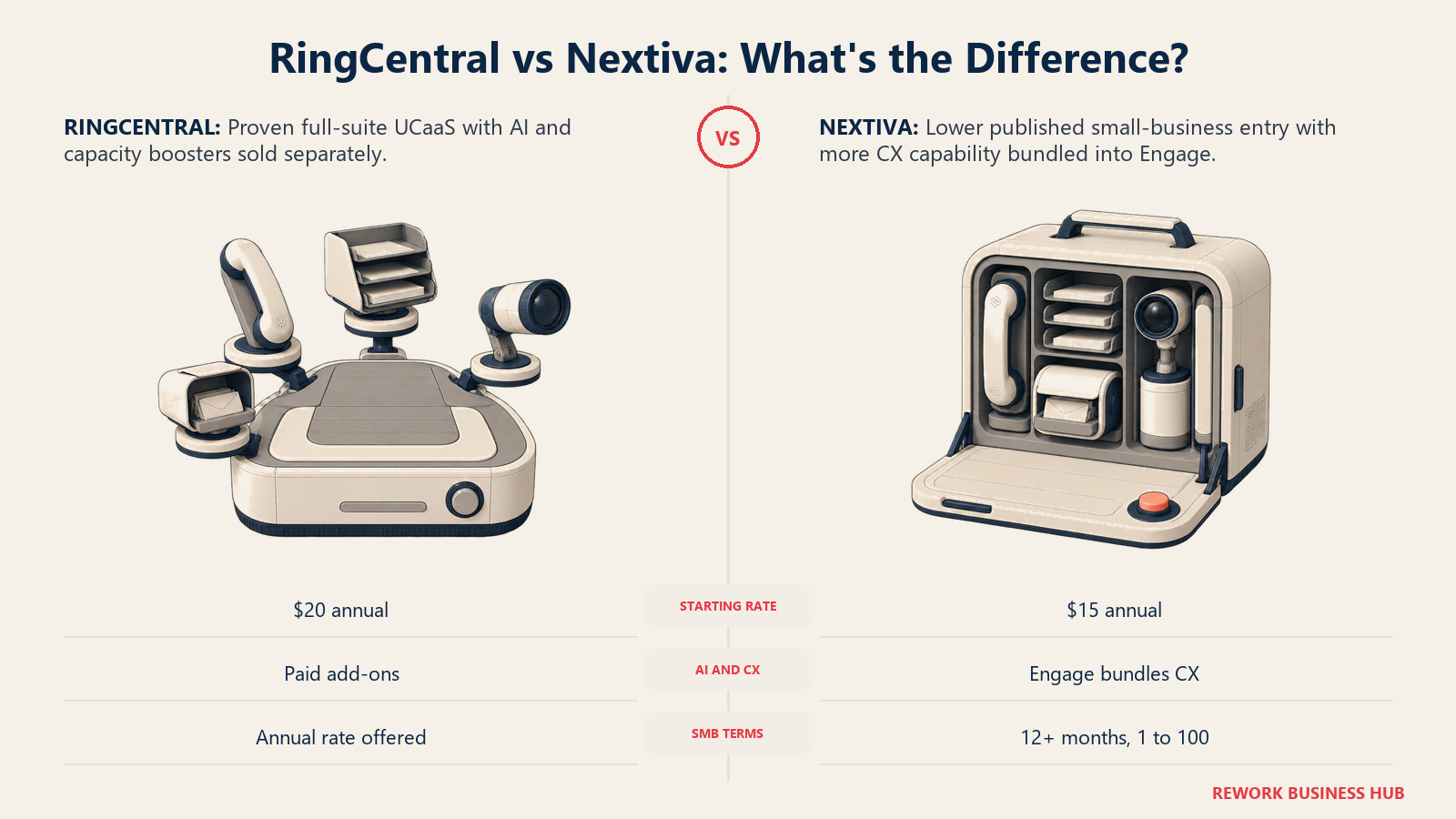 RingCentral base communications console with separate add-on modules compared with Nextiva's integrated CX suite cabinet