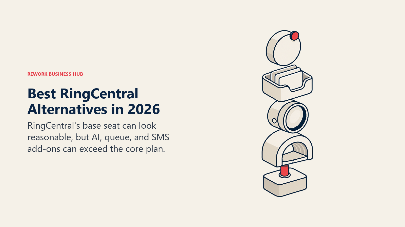 A small RingCentral base plan block supporting a taller stack of AI, queue, and SMS add-ons