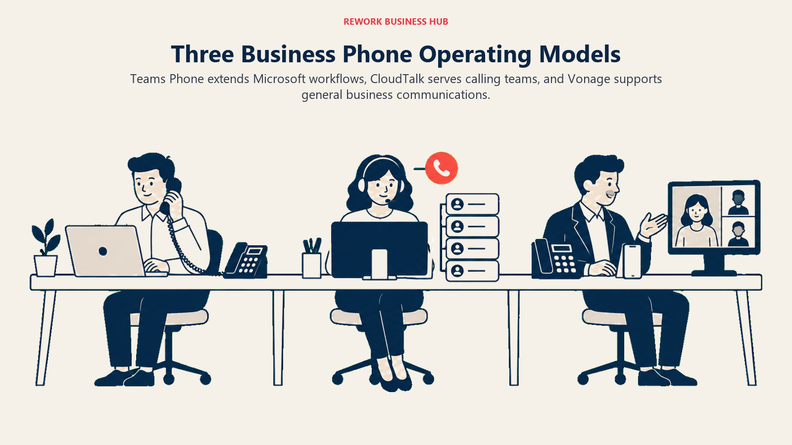 Three Business Phone Operating Models illustrated with operating workstations