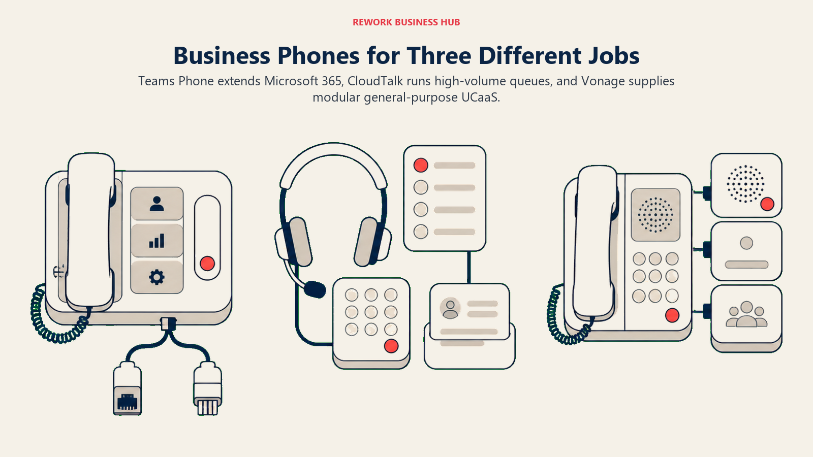 Microsoft Teams Phone, CloudTalk, and Vonage shown as a suite phone hub, a queue-driven call center station, and a modular communications desk
