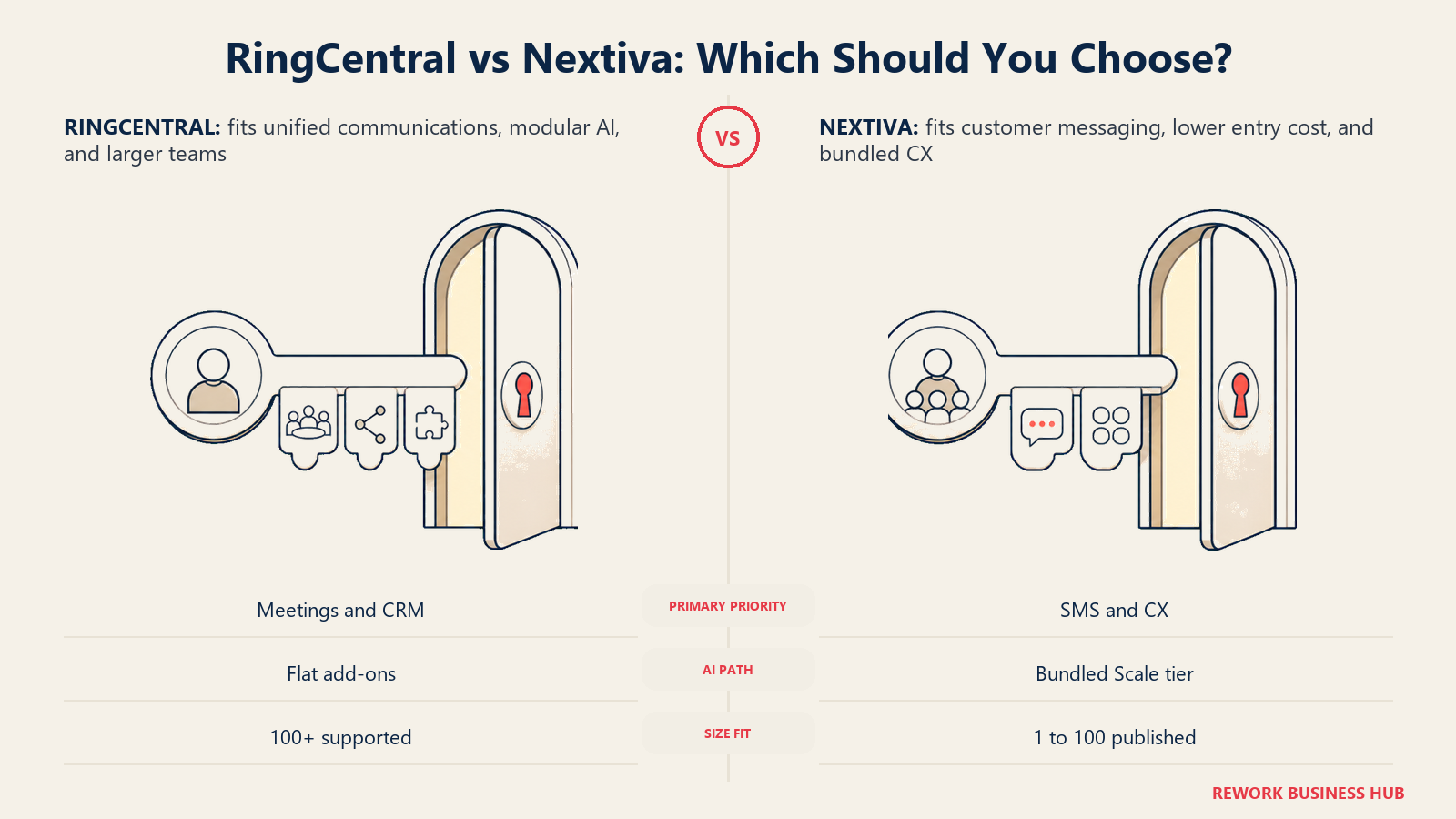 RingCentral and Nextiva decision framework using meeting, AI, SMS, CX, and team-size priorities