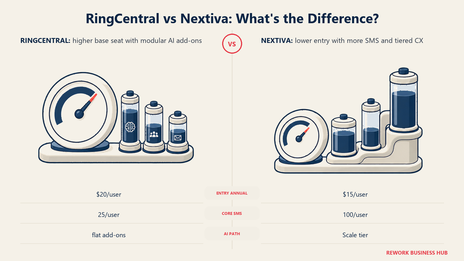 RingCentral modular AI meter compared with Nextiva's SMS and CX tier meter