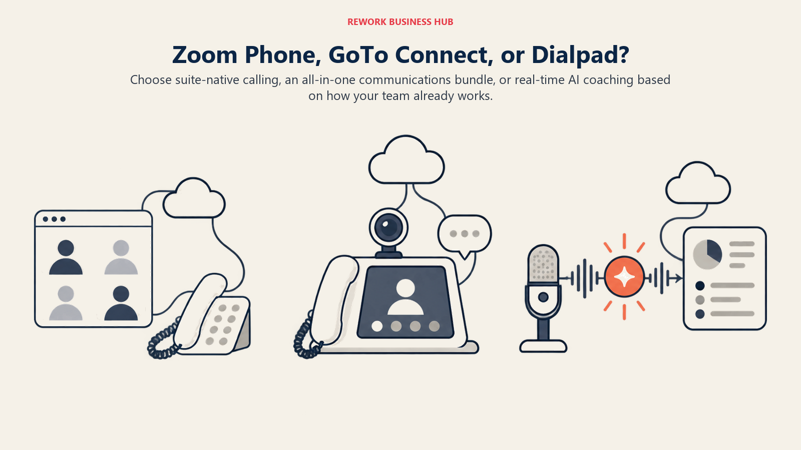 Zoom Phone, GoTo Connect, and Dialpad business phone buying models shown as three distinct call workstations