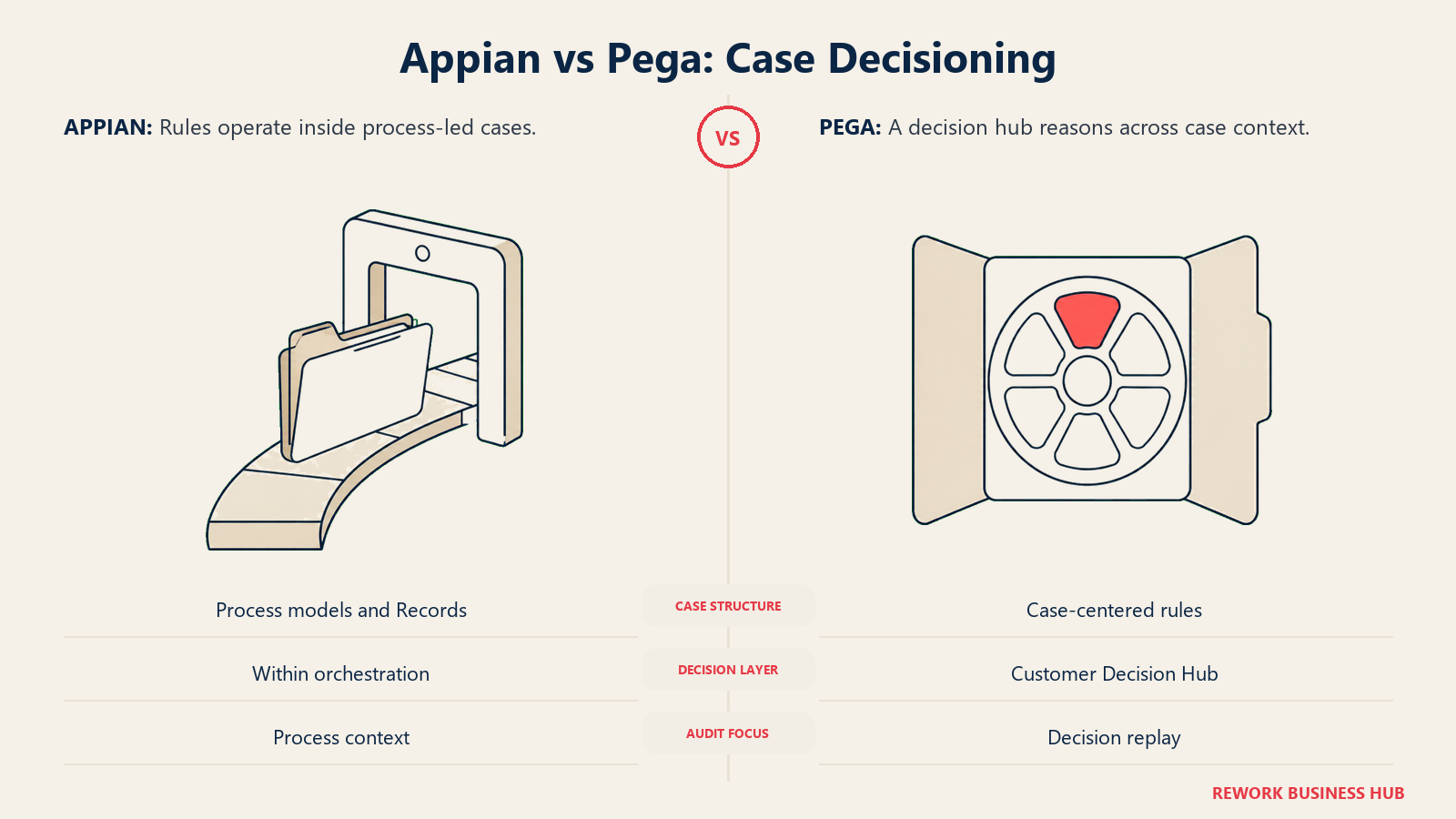 Appian vs Pega: Case Decisioning: Rules operate inside process-led cases. A decision hub reasons across case context.