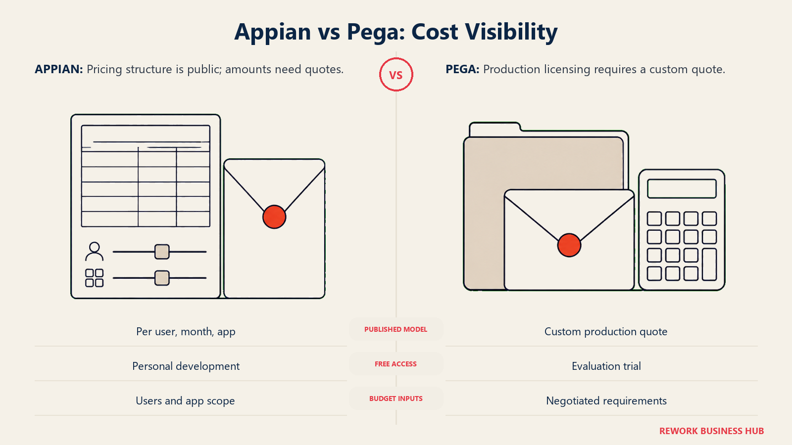 Appian vs Pega: Cost Visibility: Pricing structure is public; amounts need quotes. Production licensing requires a custom quote.