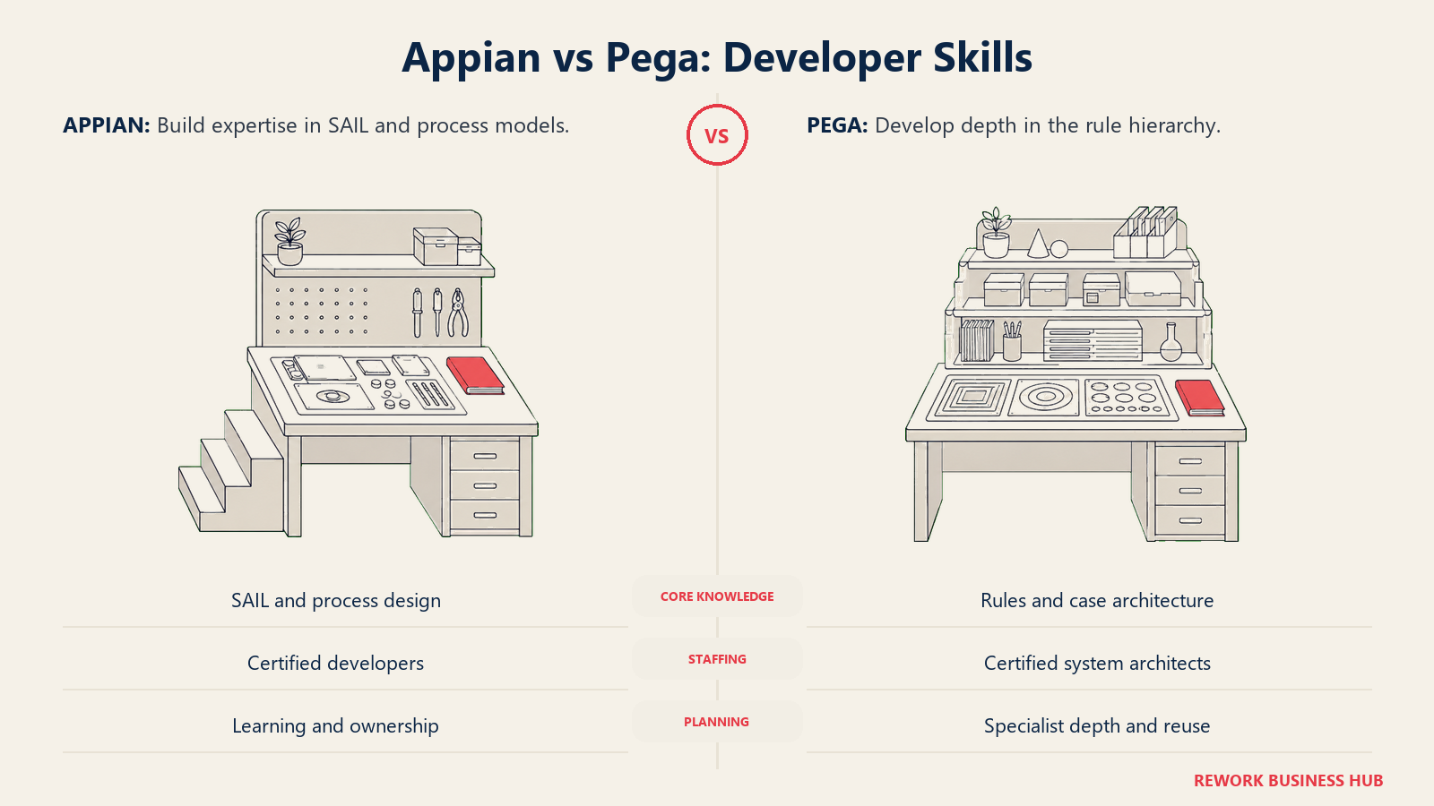 Appian vs Pega: Developer Skills: Build expertise in SAIL and process models. Develop depth in the rule hierarchy.