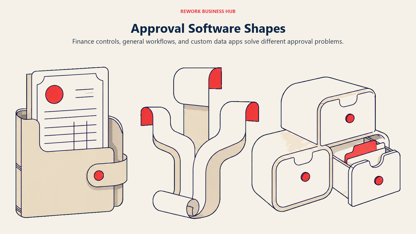 Finance approvals, workflow routing, and record-based approvals shown as three software categories