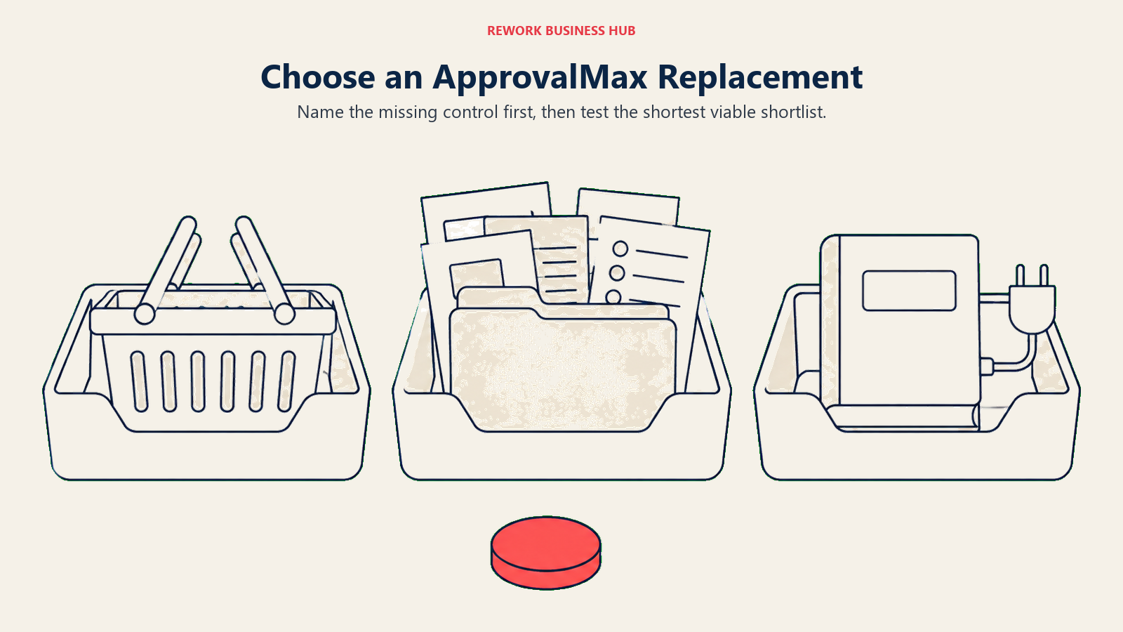 Procurement, general requests, and accounting options examined before an ApprovalMax replacement.