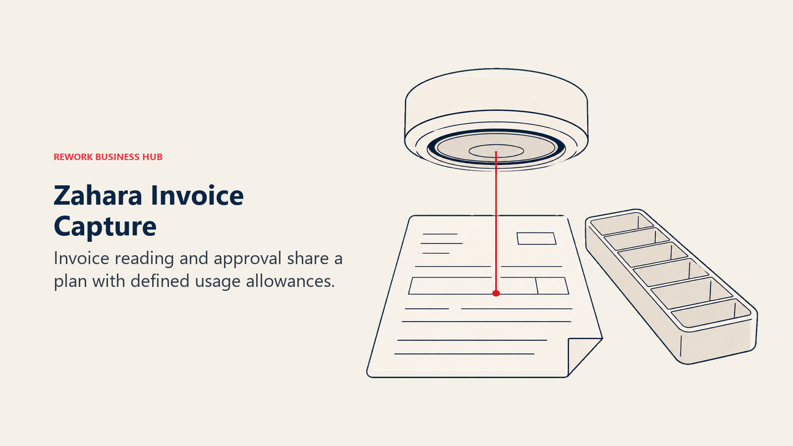 Invoice passing through a capture lens into an organized accounting tray.