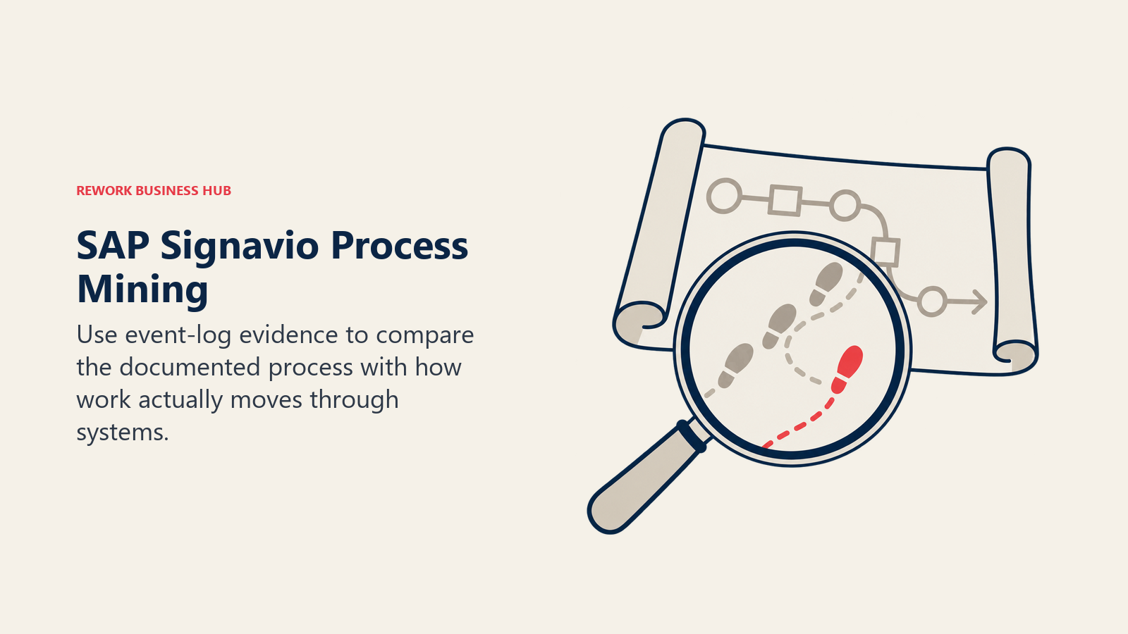 SAP Signavio Process Mining: A magnifying lens revealing actual process traces beneath a documented route.