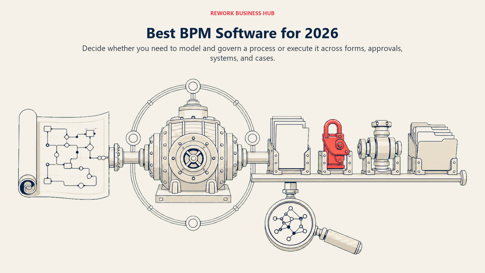 Process blueprint entering a BPM engine and emerging as forms, approvals, system actions, and case work