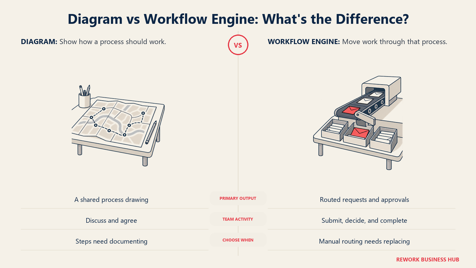Diagram vs Workflow Engine: What's the Difference?: A drawn route beside a sorter that routes real work.