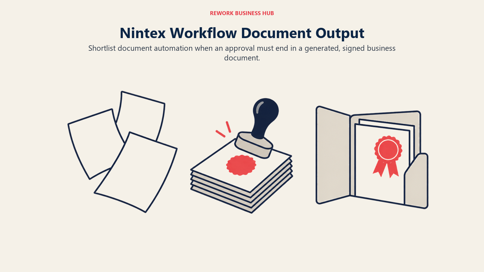 Nintex Workflow Document Output: Forms assembled and approved into a finished document packet.