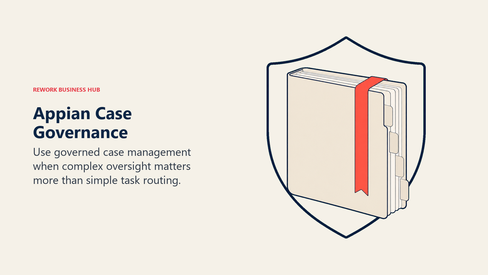 Appian Case Governance illustrated with a case folio and audit bookmark held inside a protective shield