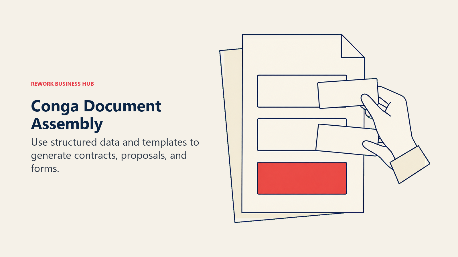Conga Document Assembly illustrated with data cards being inserted into blank contract fields