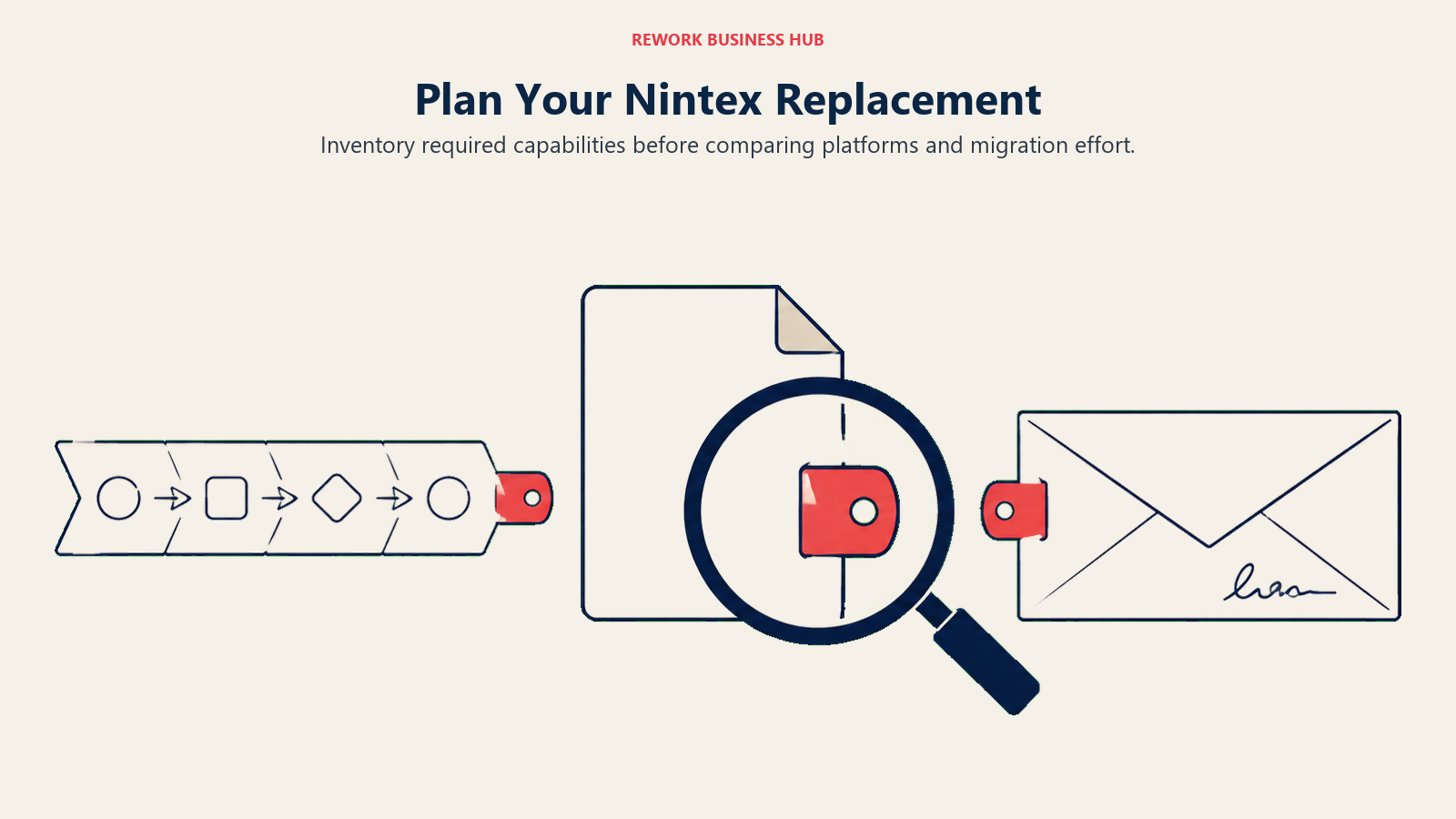 Plan Your Nintex Replacement illustrated with a lens inspecting workflow, template, and signature requirements