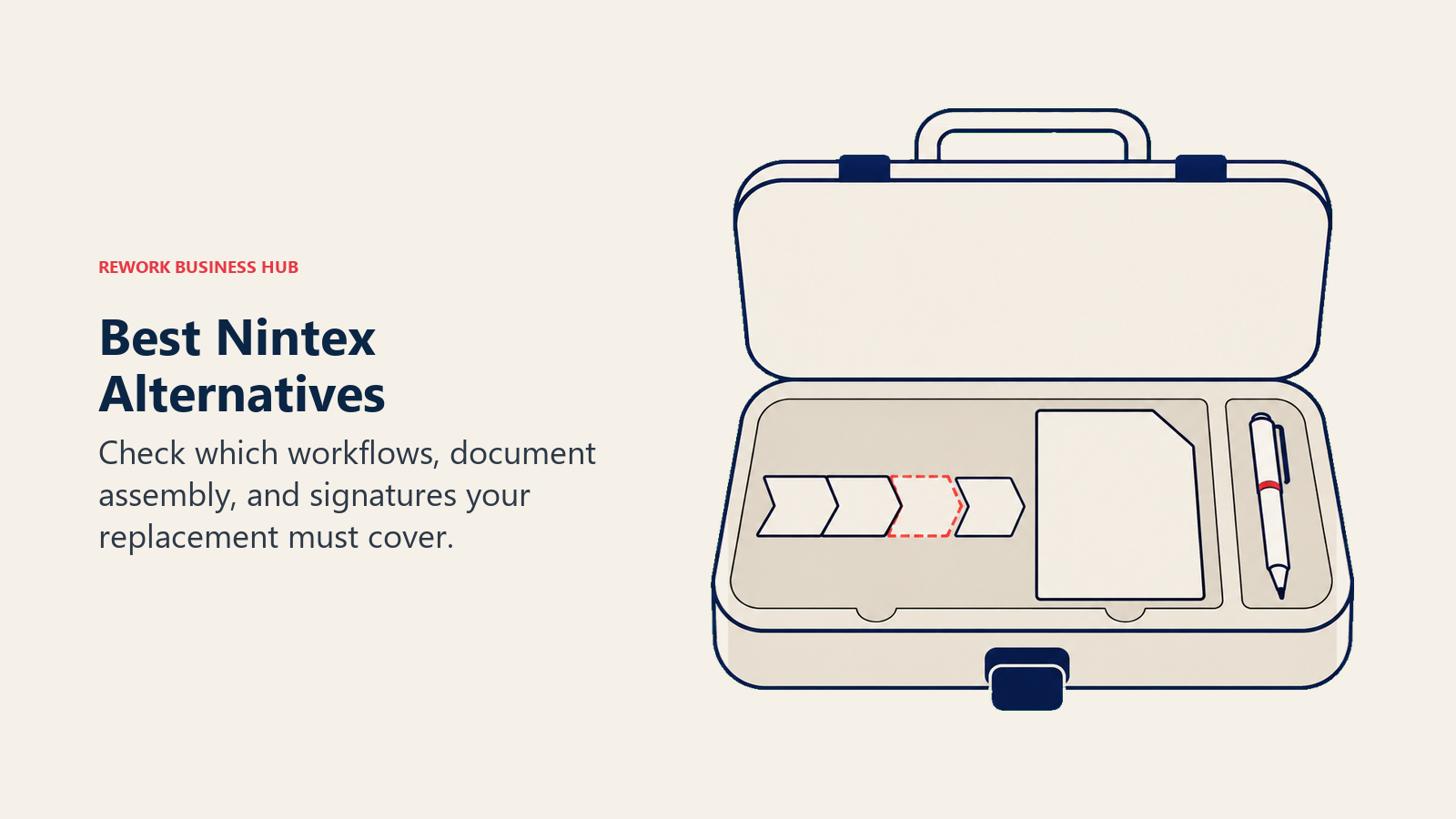 Best Nintex Alternatives illustrated with a toolkit containing workflow, a contract template, and a signing pen