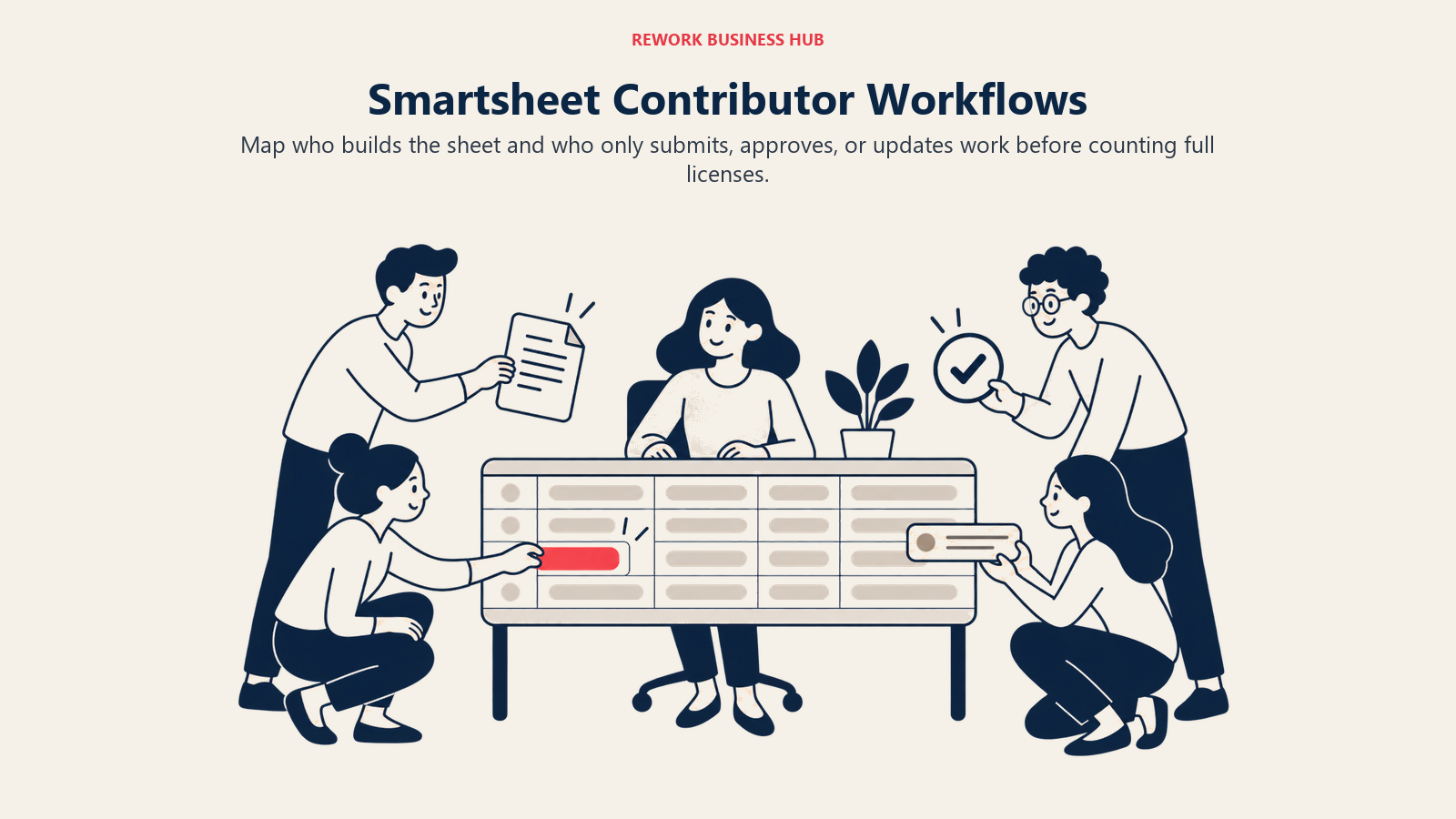 Aliran Kerja Contributor Smartsheet: Contributor berbeza menghantar, meluluskan dan mengemas kini lejar proses bersama.