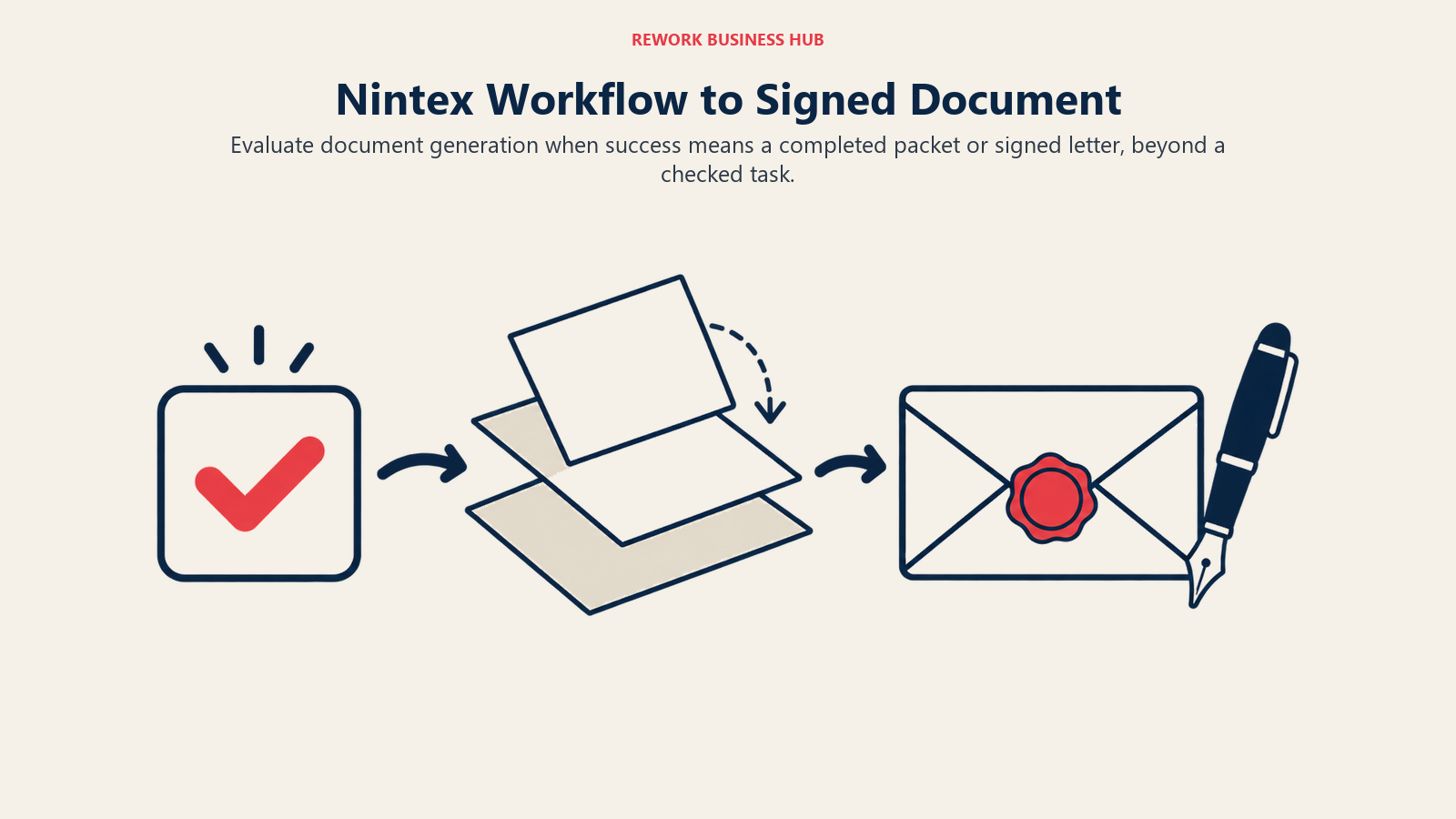 Nintex vom Workflow zum unterschriebenen Dokument: Eine erledigte Aufgabe, gefolgt von Dokumentenzusammenstellung und einem versiegelten fertigen Artefakt.
