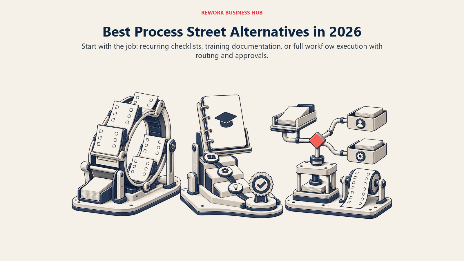 Process Street alternatives shown as three distinct operating paths for recurring checklists, employee training, and routed workflow execution